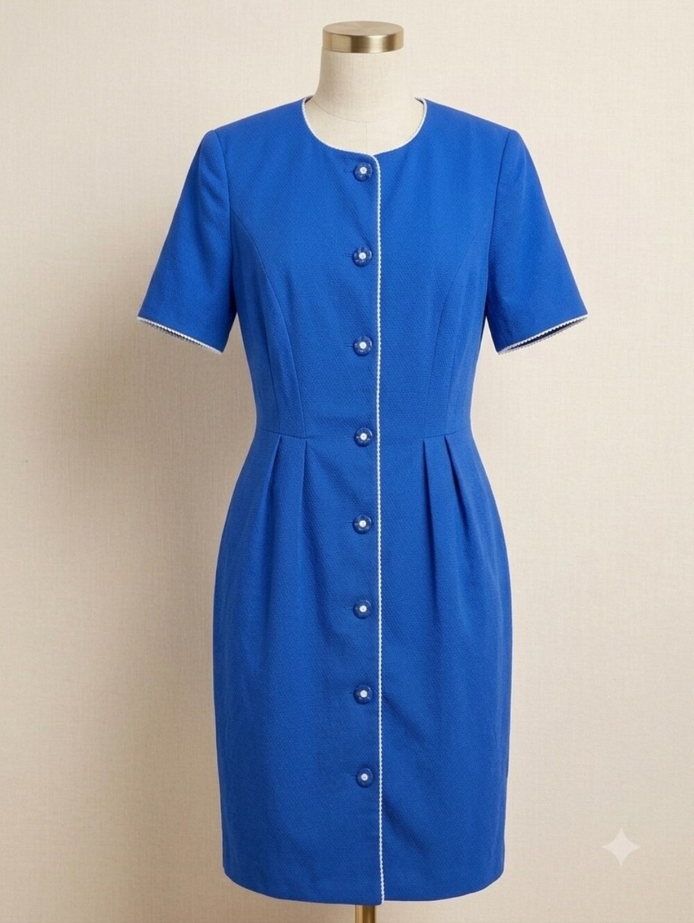 VTG Talbots Deadstock NWT Royal Blue Flower Button Front Trim Midi Dress Large